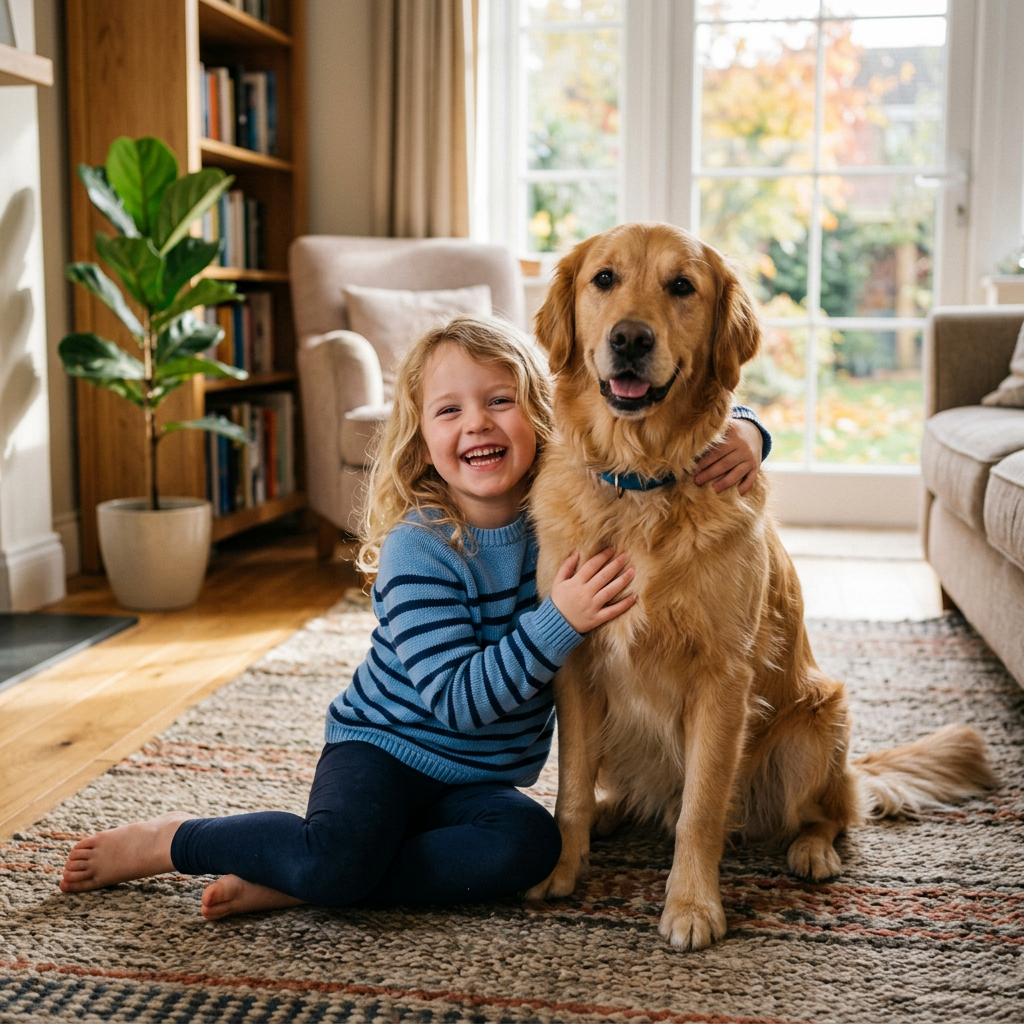 Young child sitting on rug hugging golden retriever dog