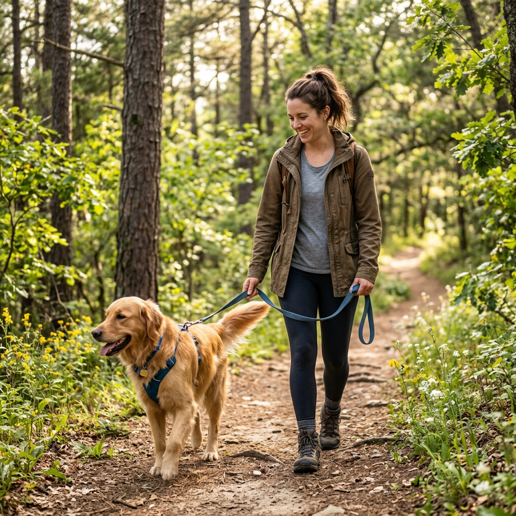 Woman walking a golden retriever dog on a forest hiking trail