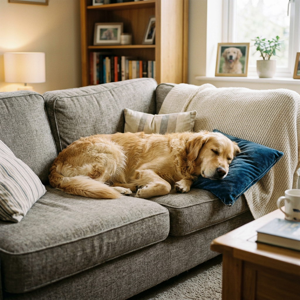 Golden retriever sleeping on gray couch with a blue pillow in a cozy living room