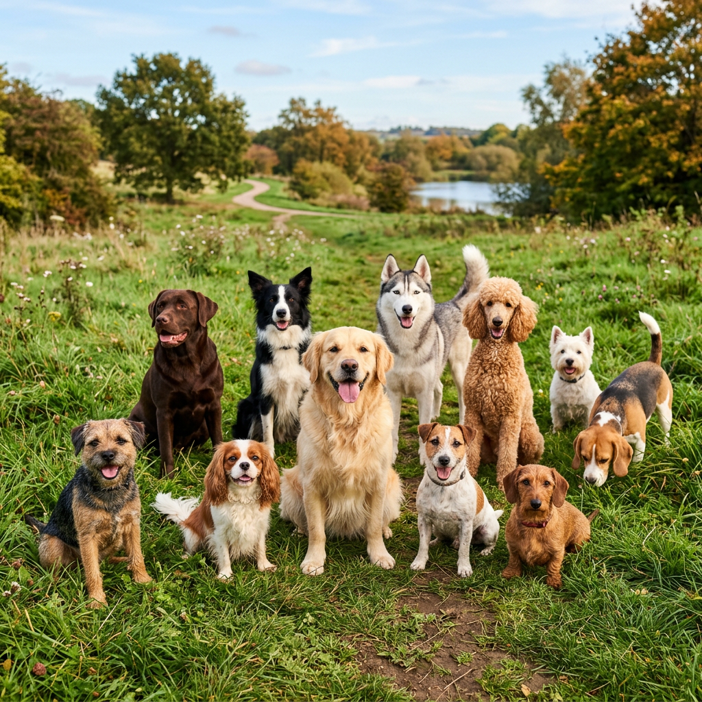 Ten dogs of different breeds sitting and standing on grass with a scenic park and lake in the background